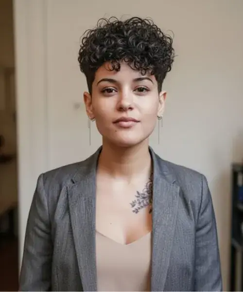 Super-Short, Tapered Cut with Voluminous Curls at the Top