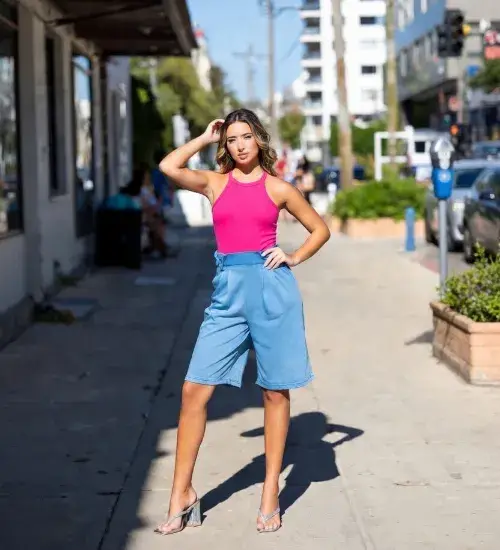 Halter Top + Long Shorts + Heeled Flip-Flops