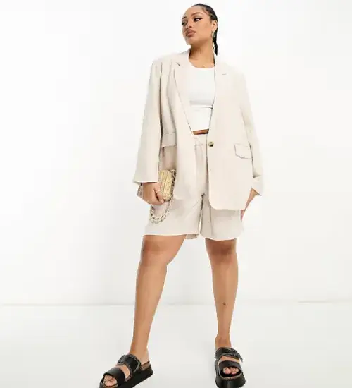 Linen Blazer + Tailored Shorts + Chunky Slides