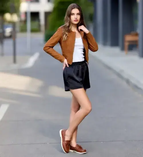 Suede Jacket + Boxer Shorts + Boat Shoes