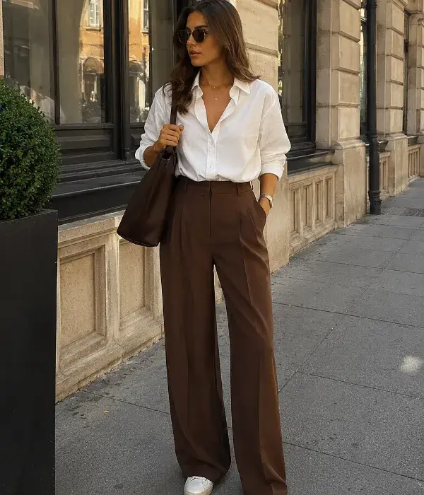 Brown Pants With a White Button-Down Shirt