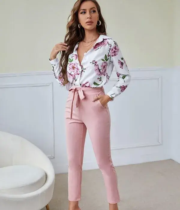 Floral Blouse with Neutral Pants
