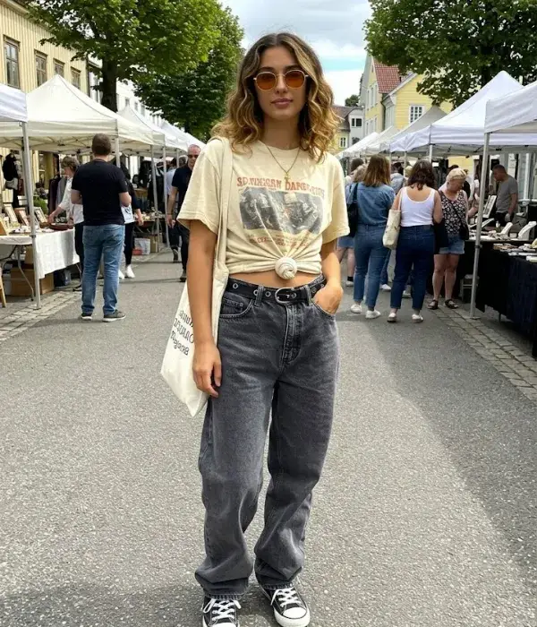 Graphic Tee with Wide-Leg Jeans