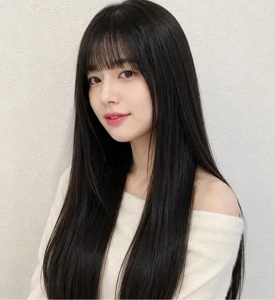 Waist-Length Cut with Blunt Bangs